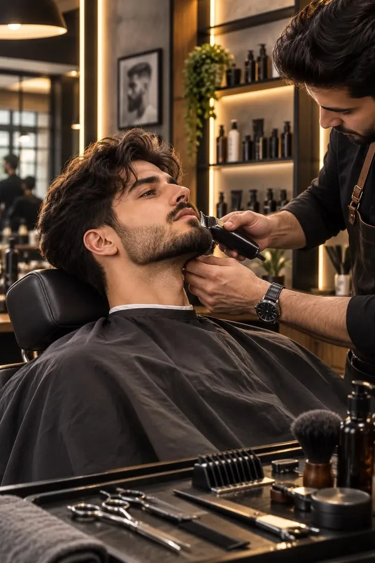Barbeiro aparando a barba de um cliente na máquina