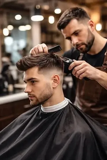 Barbeiro fazendo degradê com pente e máquina