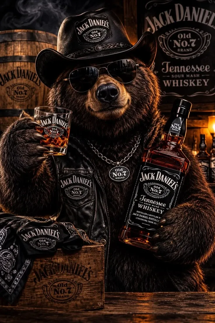 Arte de urso de óculos escuros brindando com whisky